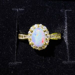 Gold Opal Halo Ring with CZ Accents - White Opal